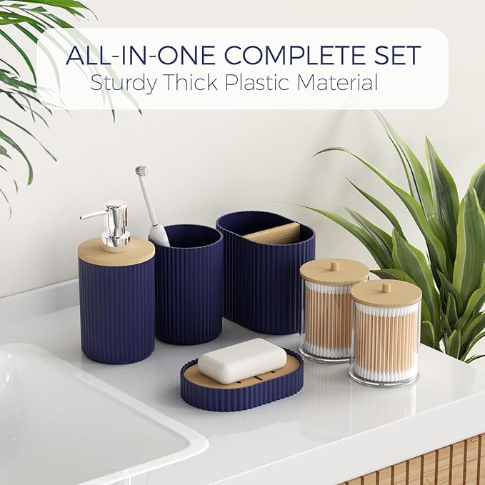 Navy Blue Bathroom Accessories Set, Bathroom Set with Shower Curtain and Rugs, Trash Can, Toilet Brush with Holder, Soap Dispenser, Toothbrush and Toothpaste Holder, Cup, Soap Dish, Qtip Holders