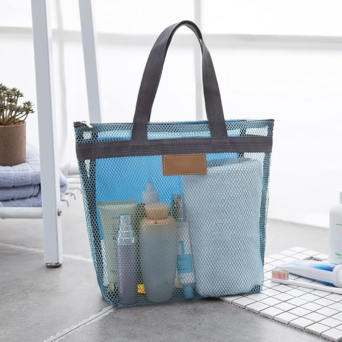 Mesh Shower Caddy Bag, Quick Dry Portable Tote Bag with Zipper and Inner Pocket, Lightweight Bath Organizer for College Dorm Bathroom, Swimming, Gym, Beach, Travel (Blue)