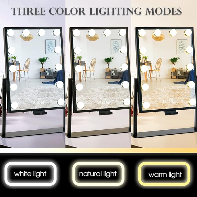 BWLLNI Vanity Mirror with Lights, Lighted Makeup Mirror, Hollywood Mirror with Phone Holder, 12 Dimmable LED Bulbs, 3 Color Lighting Modes, Detachable 10X Magnification, 360°Rotation(Black)