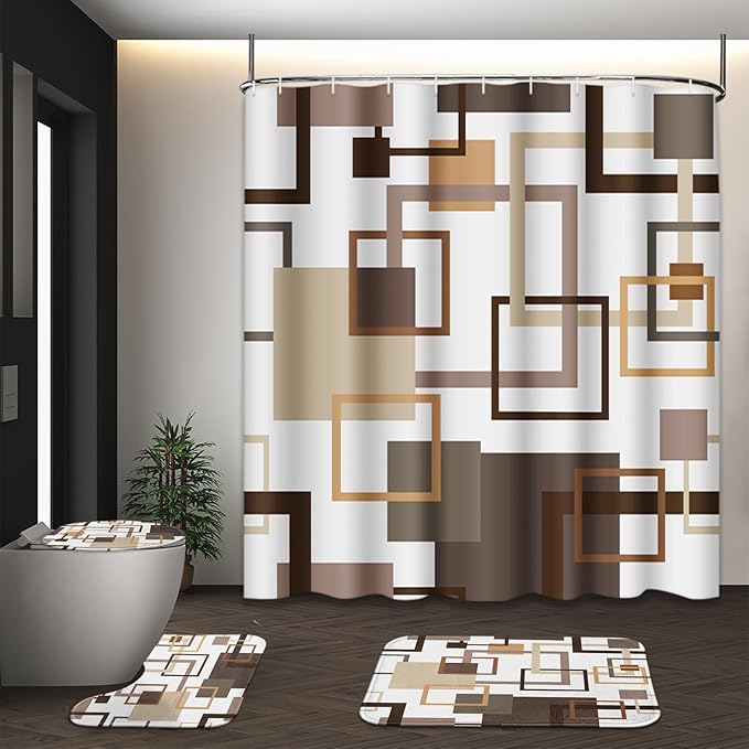 Geometric Brown Shower Curtain Set with Toilet Lid Cover and Non-Slip Rugs, Abstract Square 4 Pcs Shower Curtain for Bathroom, Modern Simple Line Bathroom Decor