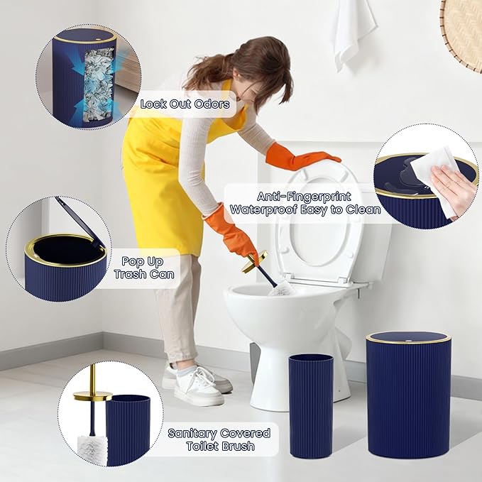 Navy Blue Bathroom Accessories Set - Bathroom Sets, 25PC Bath Accessory Set, Bathroom Sets with Push Top Trash Can, Shower Curtain and Rugs, Toilet Brush, Trash Can & Soap Dispenser