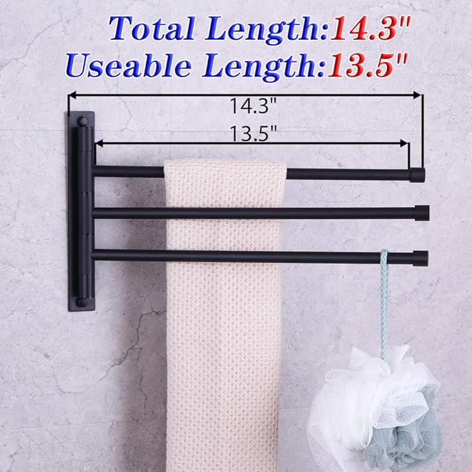 GERZWY Bath Towel Holder Swing Out Towel Bar SUS 304 Stainless Steel Bathroom Hand Towel Rack 3-Bar Folding Arm Swivel Hanger Wall Mount Matte Black HYG03-BK