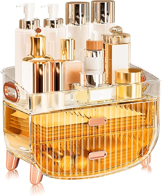 Ergocar Portable Transparent PET Series Multi-Function Make Up Case Dustproof Cosmetic Storage Box, Cosmetics Skin Care Products Jewelry Organizer Case Lipstick Box - Orange Two Layers