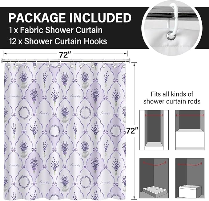 Light Purple Lavender and Lilac Shower Curtains,Cute Preppy Floral Bath Curtains for Bathroom,French Country Farmhouse Waterproof Polyester Fabric Bathroom Decor,72x72 Inch