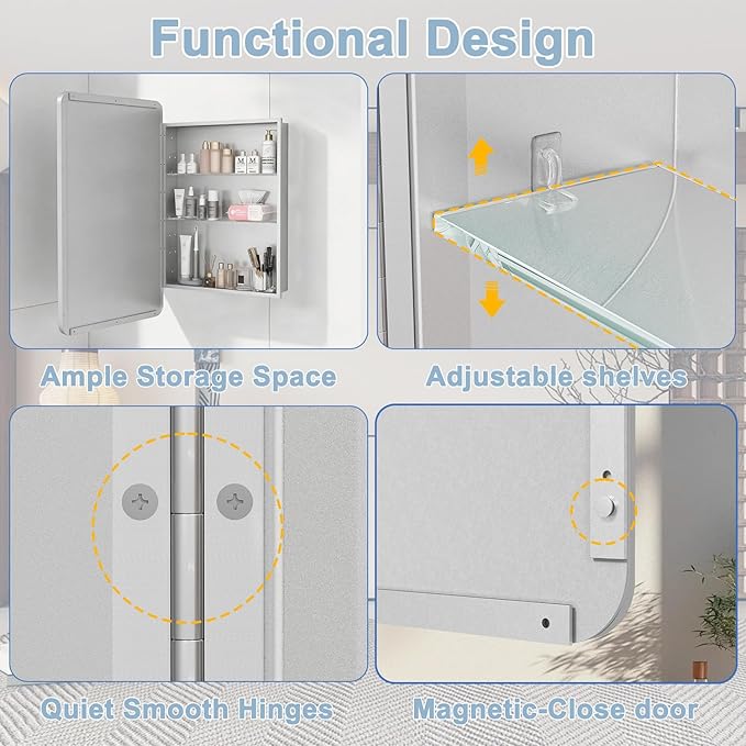 28x20 Inch Matte Silver Medicine Cabinet with Mirror for Bathroom, Aluminum Medicine Cabinet with Frosted Finish, Recessed or Wall Mount Medicine Chest, Modern Sleek Design, Fully Assembled