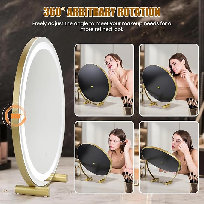 Vanity Mirror with Lights, 18" LED Makeup Mirror, HD Professional Mirror, Smart Touch with 3-Color Lighting, Dimmable, 360° Rotation, Lighted Up for Makeup Desk, Bedroom (Gold)
