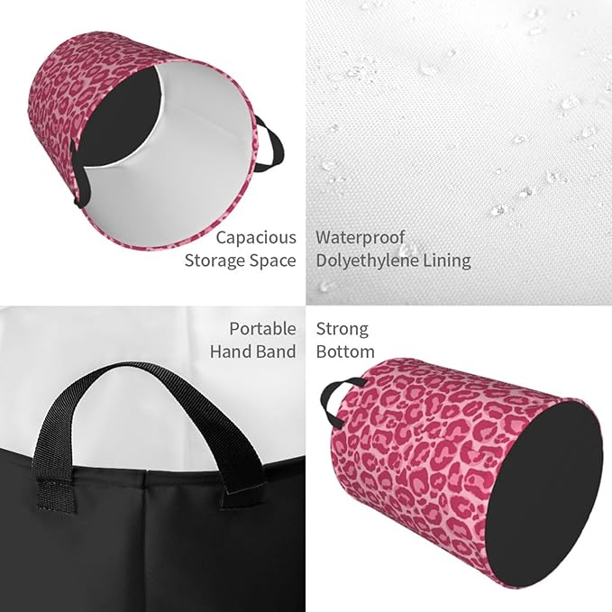 Pink Leopard Texture Round Laundry Hamper Storage Basket Toys Clothes Organizer Bin For Home Bathroom Bedroom Dorm Nursery, 62l