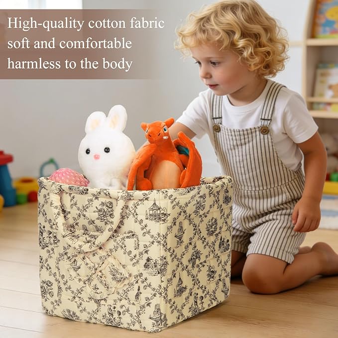 Quilted Fabric Basket Car Storage Basket Boho Floral Laundry Hamper for Nursery Bedroom & Living Room | Organize Clothes Toys