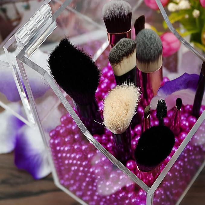 Clear Cosmetic Brush Organizer,Acrylic Brush Holder with Lid,Dust-proof Makeup Brush Holder with Free Rosy Pearls for Vanity Counter-top - NEWCREA