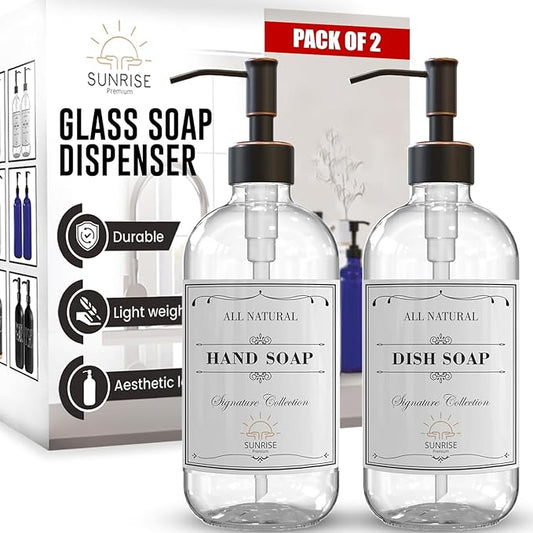 Sunrise Premium 2 Pack Clear Glass Soap Dispenser 16 OZ with Oil Rubbed Bronze Stainless Steel Pump, Hand and Dish Soap Dispenser Set for Bathroom and Kitchen Sink with 6 Waterproof Labels