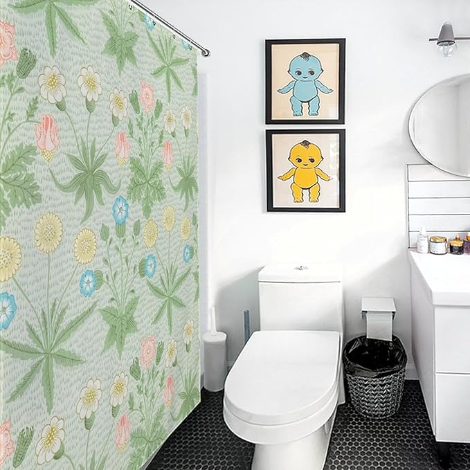 William Morris Floral Shower Curtain,Mid Century Vintage Flower Green Plant Abstract Pattern Print Shower Curtains Sets Polyester Waterproof Fabric Decor Bathroom Curtain 72"×72" Inch With 12 Hooks