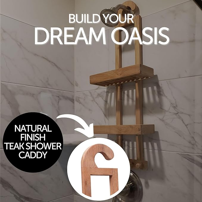 NORDIC STYLE TEAK Wood Natural Hanging Shower Caddy with Storage Shelves, Water Resistant, Easy to Place, Select-Grade Solid Teak Wood, Shower Accessory (Natural Langr)