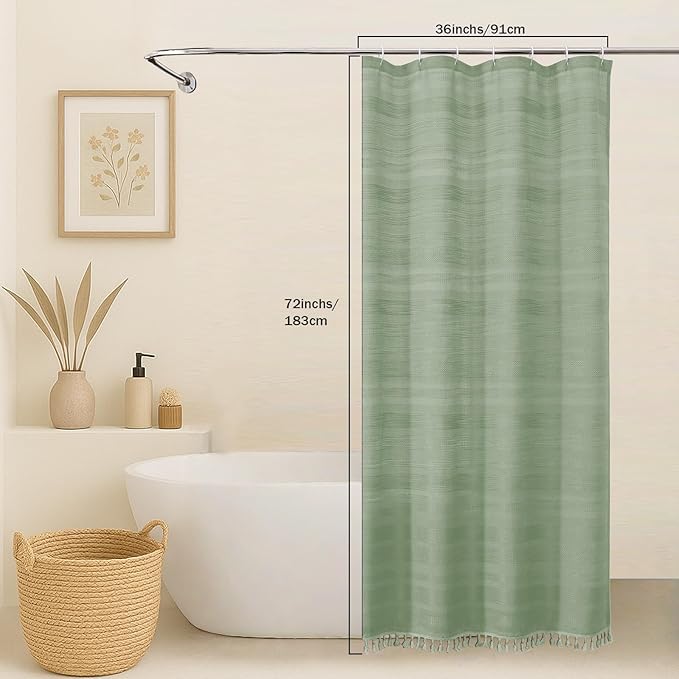OVZME Small Stall Shower Curtain - Linen Textured Bathroom Curtain with Boho Tassel, Heavy Duty Farmhouse Bath Decor for RV Camper, Machine Washable, 36Wx72L Inches, Light Green
