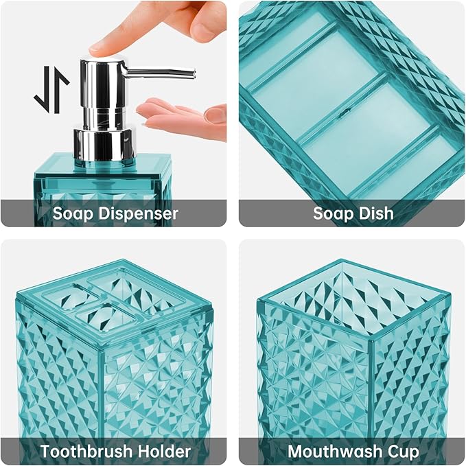 Bathroom Accessory Set, Grid Pattern 4 Pcs Plastic Bathroom Set Include Soap Dispenser, Soap Dish, Toothbrush Holder, Mousewash Cup, Modern Bahtroom D??cor Set(Light Blue)