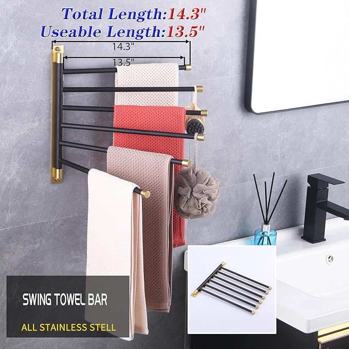 GERZWY Bathroom Swing Arm Towel Bars Wall Mount Bath Towel Rack with 6 Arms Hanger Towel Holder Organizer Stainless Steel (Black & Gold) HYG06-BD
