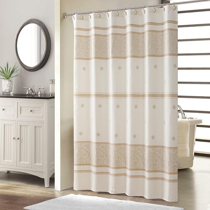 Long Fabric Shower Curtain, Beige Stripe and Taupe Damask Print Shower Curtains for Bathroom, Waterproof Bathroom Curtains, 72" W x 78" H