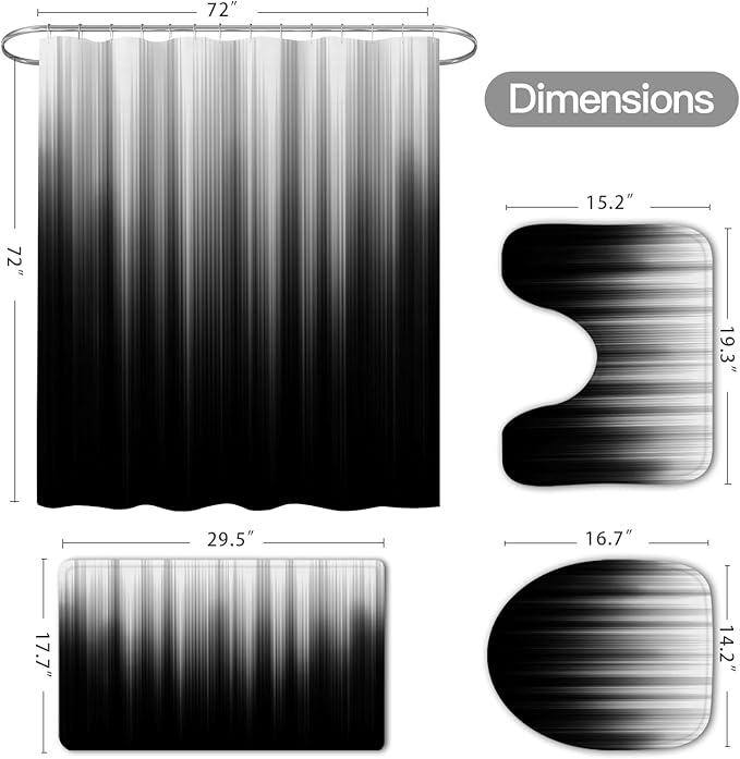 Litabel 4 Pcs Grey and Black Gradient Shower Curtain Set with Rugs and Toilet Lid Cover, Modern Simple Waterproof Fabric Bathroom Set, Ombre Stripe Gothic Abstract Bathroom Decor Set Accessories