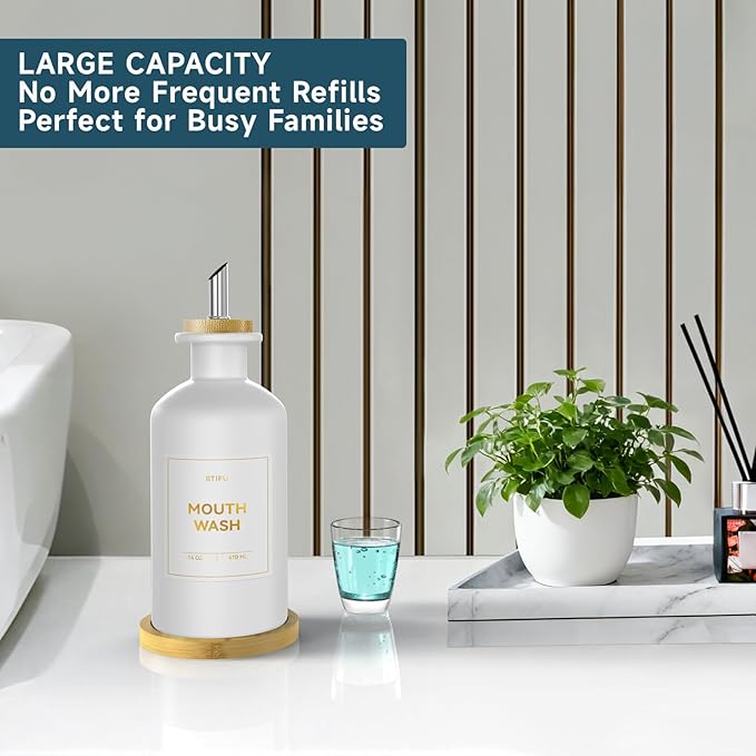 White Glass Mouthwash Dispenser for Bathroom Countertop – 14oz/410ml Refillable Mouthwash Container with Glass Cup & Bamboo Tray, Modern Bathroom Decor for Home, Vacation Rentals, Gym (White)
