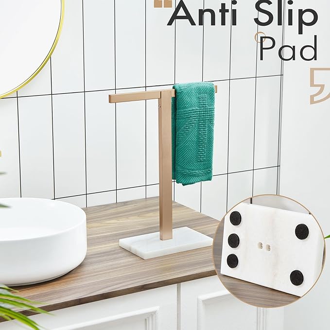 KOKOSIRI Hand Towel Holder Stand Towel Rack with Marble Base for Bathroom Kitchen Vanity Countertop, Champagne Bronze Stainless Steel 15.7'' Height THS0002-SM-CPG
