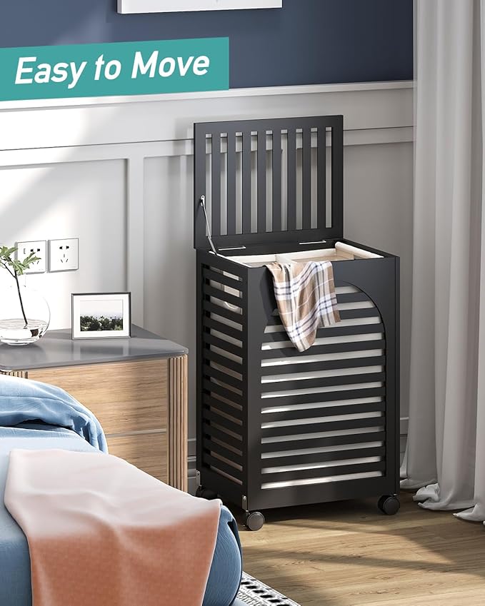 Black Laundry Hamper with Wheels, Laundry Basket with Lid, 22.5 Gallon (85L) Bamboo Wood Clothes Laundry Hamper 2 Section with Handles, Removable Liner