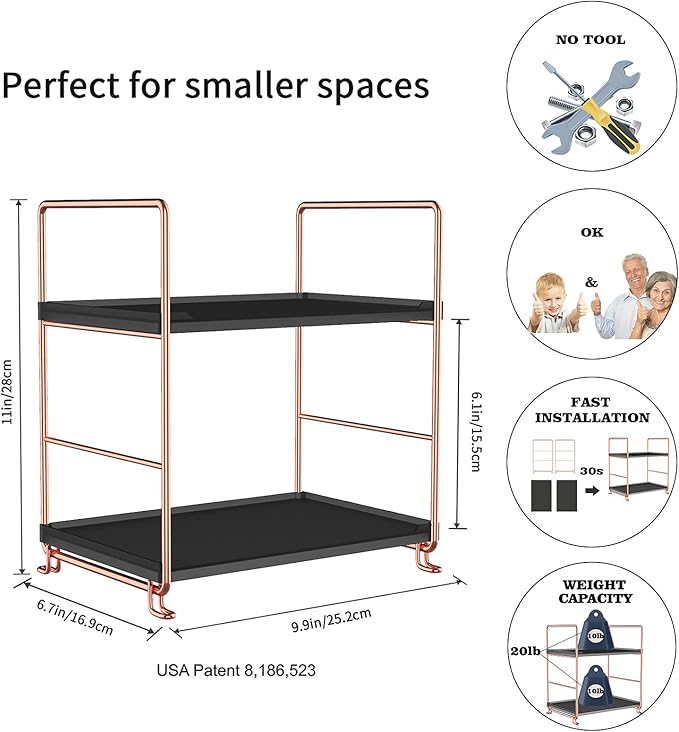 2-Tier Countertop Organizer Cosmetic Storage Rack Vanity Tray Stackable Standing Storage Shelf with Experience Manual(Rose Gold + Black)