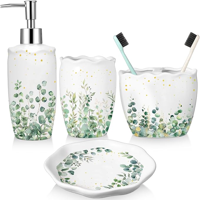 Newtay Sage Bathroom Accessories Set 4 Piece, Ceramic Soap Dispenser with Pump, Toothbrush Holder, Tumbler Cup & Soap Dish, Botanical Greenery Countertop Decor, White with Gold Speckles