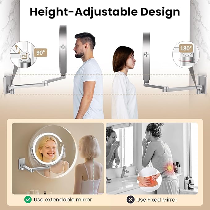 FRANO Wall Mounted Makeup Mirror with Lights, 8-inch 20X/1X Magnifying Mirror, Rechargeable LED Vanity Mirror with 3 Color Lights, 360° Swivel & Extendable Arm