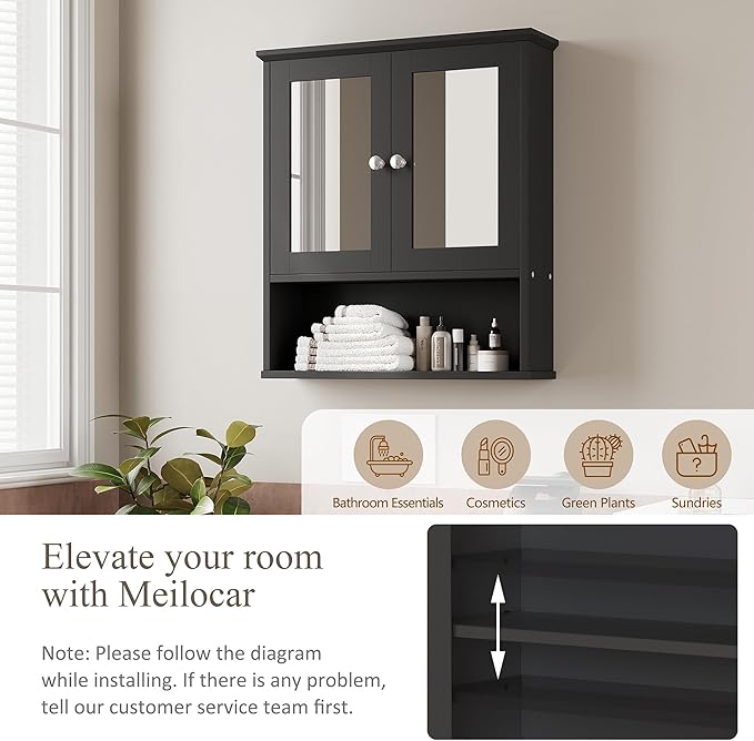Meilocar Bathroom Wall Cabinet with Mirror, Bathroom Mirror Cabinet Wall Mounted, Over Toilet Medicine Cabinets with Adjustable Shelf, Large Capacity, Black