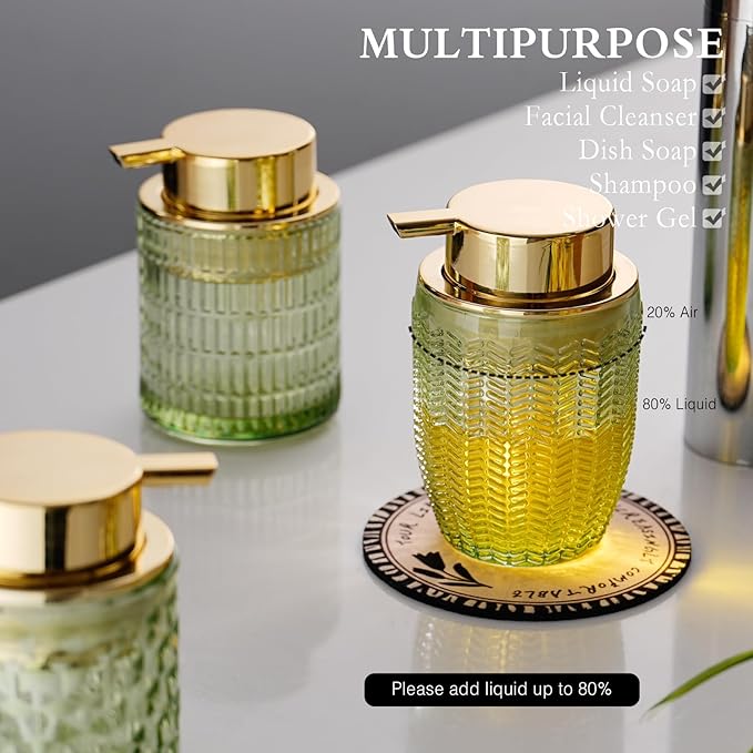 CICUFY Foaming Hand Soap & Lotion Dispenser, Refillable Glass with Large Gold Pump(Barrel Pattern-Green)