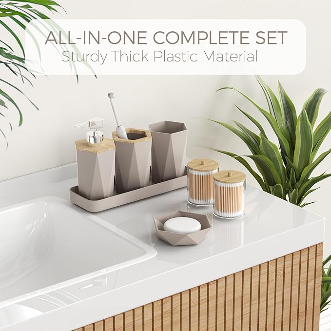 Bathroom Accessories Set - Beige Bathroom Set with Shower Curtain and Rugs, Trash Can, Toilet Brush with Holder, Soap Dispenser, Toothbrush and Toothpaste Holder, Cup, Soap Dish, Qtip Holders, Tray