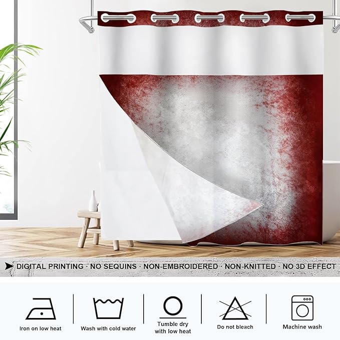 Shrahala Grey Abstract Tie Dye No Hooks Shower Curtain with Snap in Liner Set, Dark Red Modern Abstract Art Maroon Bathroom Décor Polyester Fiber Waterproof for Stall Bathtubs 71 X 74 in