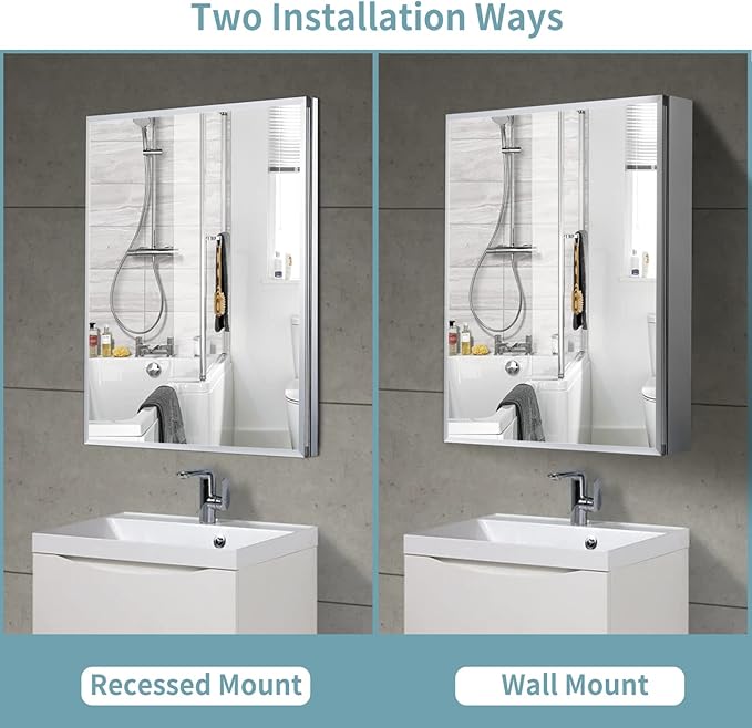 Movo 30 Inch x 24 Inch Bathroom Medicine Cabinet with Mirror, Aluminum Mirror Cabinet with Single Door, Surface Wall Mount or Recess Installation