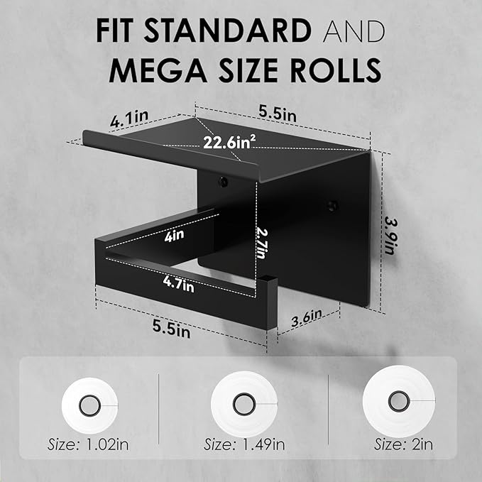 Auxmir Toilet Paper Holder with Shelf, Premium SUS304 Stainless Steel Rustproof Adhesive or Screw Wall Mounted Toilet Roll Holder, Toilet Tissue Holder for Bathroom Kitchen Washroom RV, Matte Black