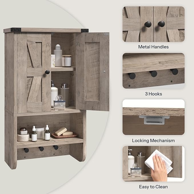 MAHANCRIS Bathroom Wall Cabinet, Farmhouse Medicine Cabinet with Adjustable Shelf, 3-Tier Wall-Mounted Storage Cabinet with 3 Hooks and Open Shelf, for Bathroom, Living Room, Kitchen, Greige