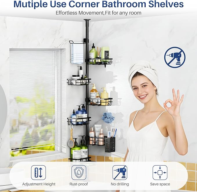 Corner Shower Caddy Organizer Tension Pole, Adjustable 6 Shower Shelves Corner Shelf 30-120Inch Rustproof Shower Rack for Inside Shower, Extra Towel Bar Soap Dish Bathroom Organizers and Storage Black