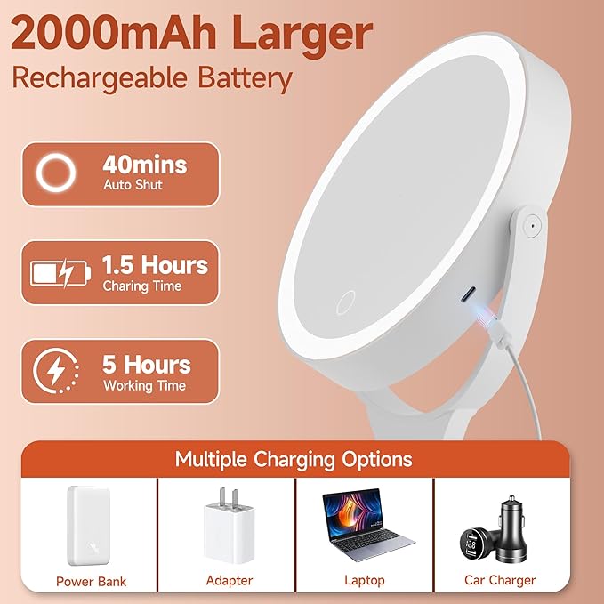 Hasipu Portable Travel Makeup Mirror with Lights – 360° Rotating with 1X/10X Magnifying, Rechargeable Tabletop Handhold Hanging 3 in 1 Mirror (White)