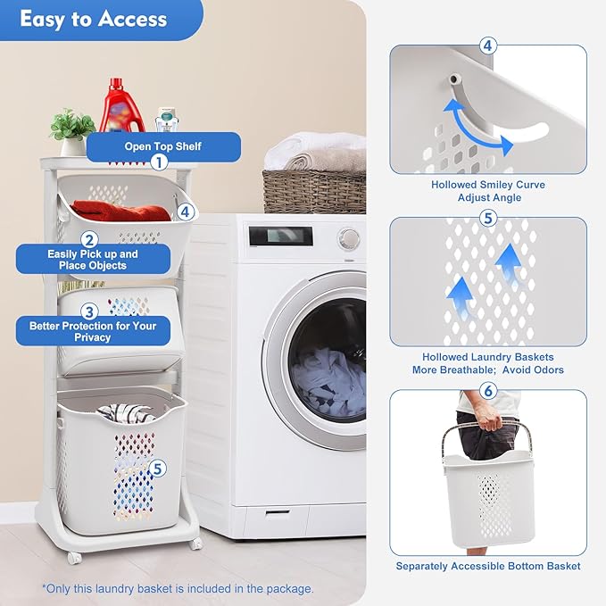 Laundry Basket, 3 Tiers Storage Basket Plastic Clothes Hamper Movable Clothes Hamper Bathroom Hampers With Wheels,Portable Freestanding Dirty For Laundry Room Organization