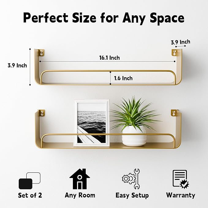 2 Pack Gold Shower Caddy, Metal Floating Gold Bathroom Shelf with Guardrail, U-Shaped Wall Mounted Shelves for Kitchen, Living Room, Bedroom, Home Storage and Organizer