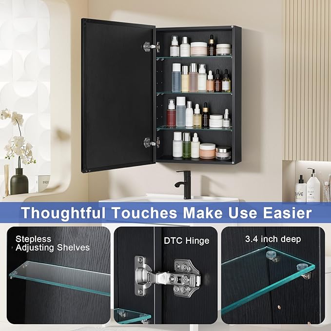 Medicine Cabinet Mirror, 20x30 Inch Rectangle Wall Mounted Bathroom Vanity Mirror with Storage & Adjustable Tempered Glass Shelves Medicine Cabinet for Bathroom, Black
