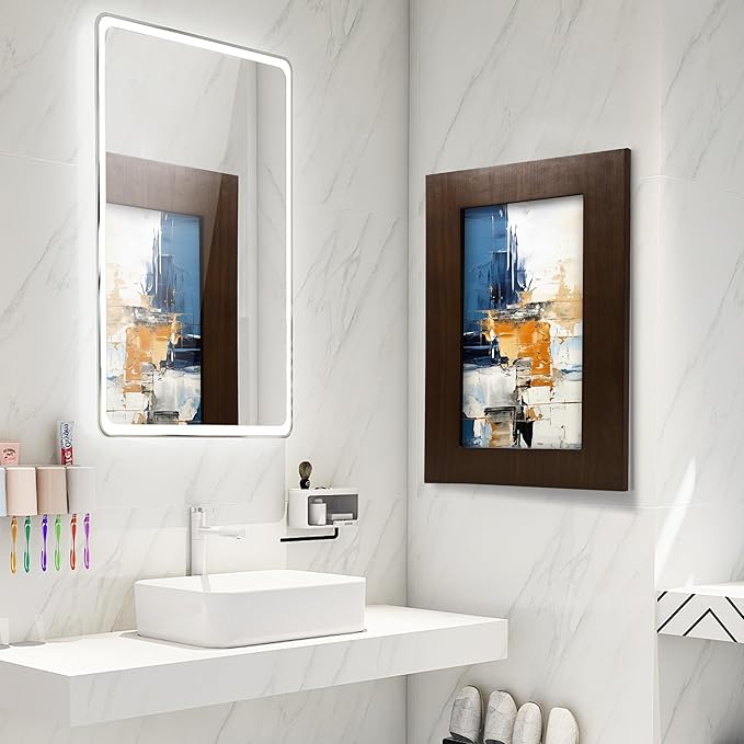 Concealed Medicine Cabinet 14×18 Recessed, Picture Frame Medicine Cabinet, Farmhouse White Wood Frame, 2 Shelves, 100% Handmade, Fully Assembled Wall Niche Insert for Bathroom (Espresso)