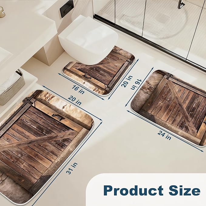 Farmhouse Wooden Barn Door Rustic Bathroom Rugs and Mats Sets 3 Piece, Large Imitation Cashmere Bath Mat, U-Shaped Contour Shower Mat Non Slip Absorbent, Velvet Washable 20 x 31 inch