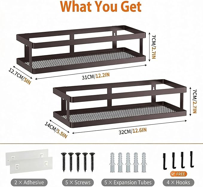 PUSDON 2-Pack Minimalist Shower Caddy Wall Mount, Open Frame Bathroom Shelf Organizer with Mesh Base, Rustproof Floating Spice Rack for Kitchen, Holds 50 LBS, 4 Hooks - Vintage Bronze, Guardrail