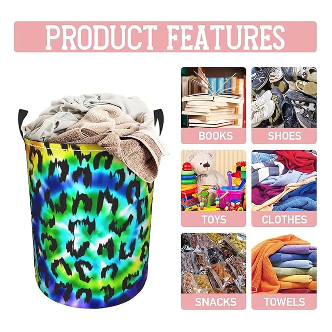 Leopard Round Laundry Hamper Rainbow Tie Dye Storage Basket Toys Clothes Organizer Bin For Home Bathroom Bedroom Dorm Nursery, 38l