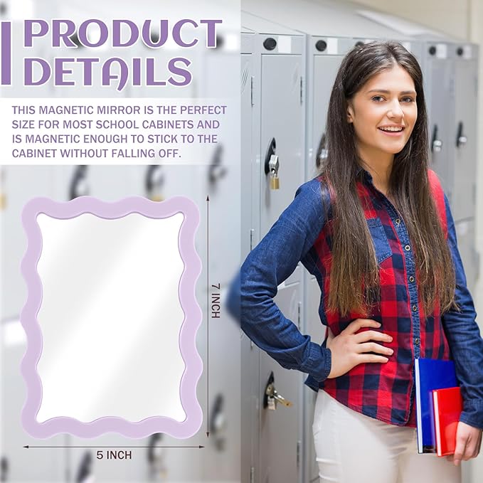 Leinuosen 1 Pcs Scalloped Magnetic Locker Mirror Small Real Glass Makeup Mirror with Magnetic Backing Cute Locker Decorations for Office Cabinet Lockers Accessories (5 x 7 Inch,Purple)