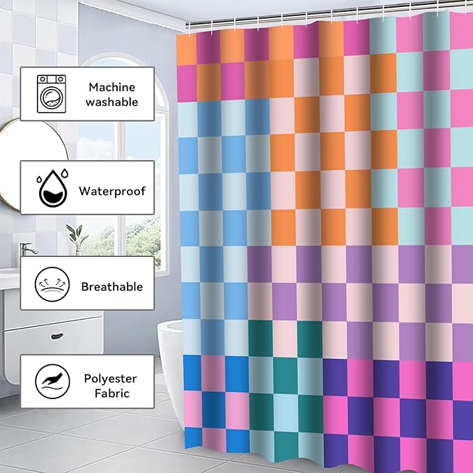4 PCS Checkered Shower Curtain Sets Fun Gingham Bathroom Sets Soft Non Slip Bath Rugs Toilet Cover U-Shaped Mat Retro Bright Waterproof Shower Curtains with 12 Hooks for Tub Toilet, Colorful