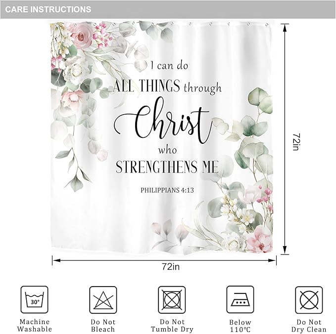 Riyidecor Eucalyptus Bible Verse Shower Curtain for Bathroom Decor 72Wx72H Green Leaf Pink Rose Christian Quotes Botanical Plant Scripture Art Printed Fabric Polyester Waterproof 12 Pack Plastic Hooks