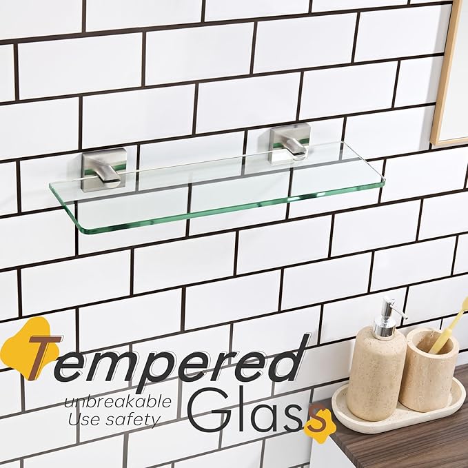 KOKOSIRI Glass Shelf for Bathrooms Wall Mount Floating Shelves 16-Inch for Shower Storage Kitchen Hanging Rack, Brushed Stainless Steel B1107BR-L16