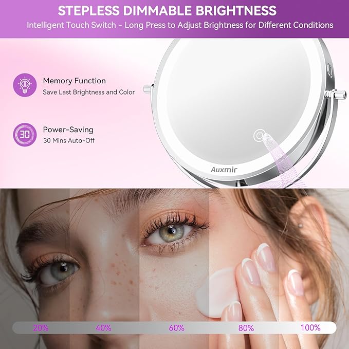 Auxmir 8" Lighted Makeup Mirror Rechargeable 1X/10X Magnifying Mirror with 3 Dimmable Colors Light, Double Sided Vanity Mirror with Stand, 360° Rotation Touch Screen Tabletop, Chrome