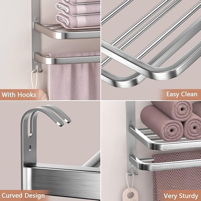 DDS-DUDES 23" Towel Racks for Bathroom with Towel Bars, 3 Tier Hotel Towel Shelf Stainless Steel Wall-Mounted Holder with Towel Shelves Brushed Nickel