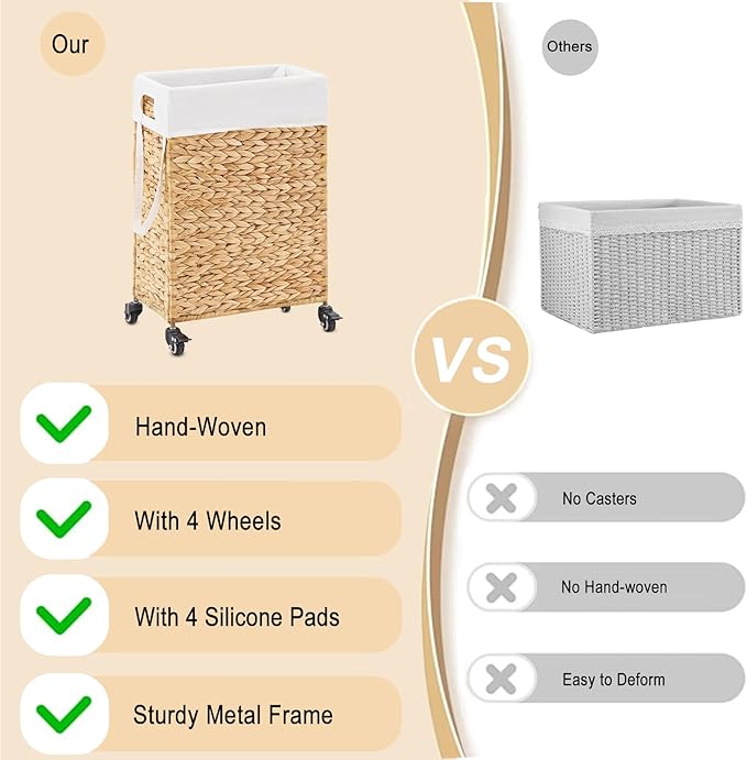 Rolling Laundry Hamper with Wheels, Slim Laundry Basket with Removable Liner Bag & 2 Mesh Bags, Handwoven Water Hyacinth Clothes Hamper for Bedroom Bathroom (Natural, 50L)